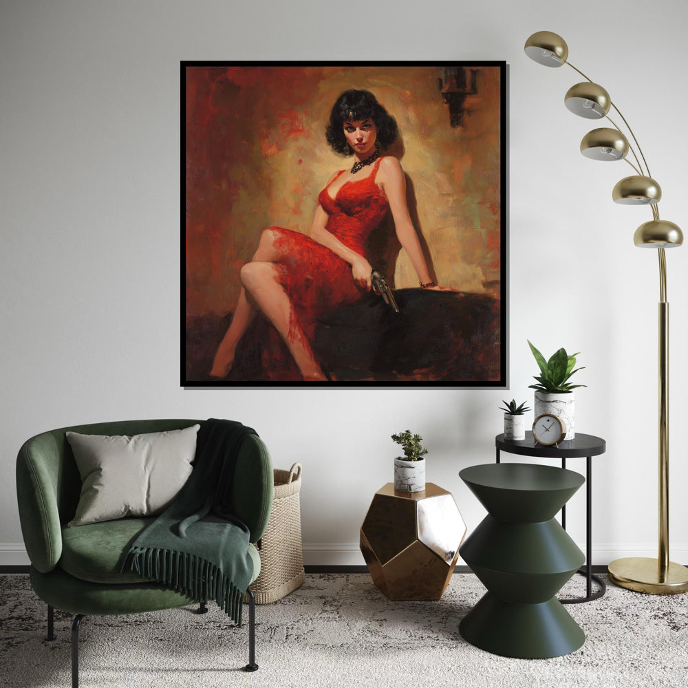 Femme Fatale in Red Dress Canvas Print – Pulp Noir Style Print, Vintage Gun Glam Wall Art for Bar, Office, Game Room Decor