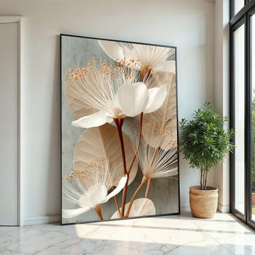Neutral Botanical Canvas Print - Minimalist Beige White Flower Illustration, Modern Scandi Wall Art for Bedroom Living Room Home Decor