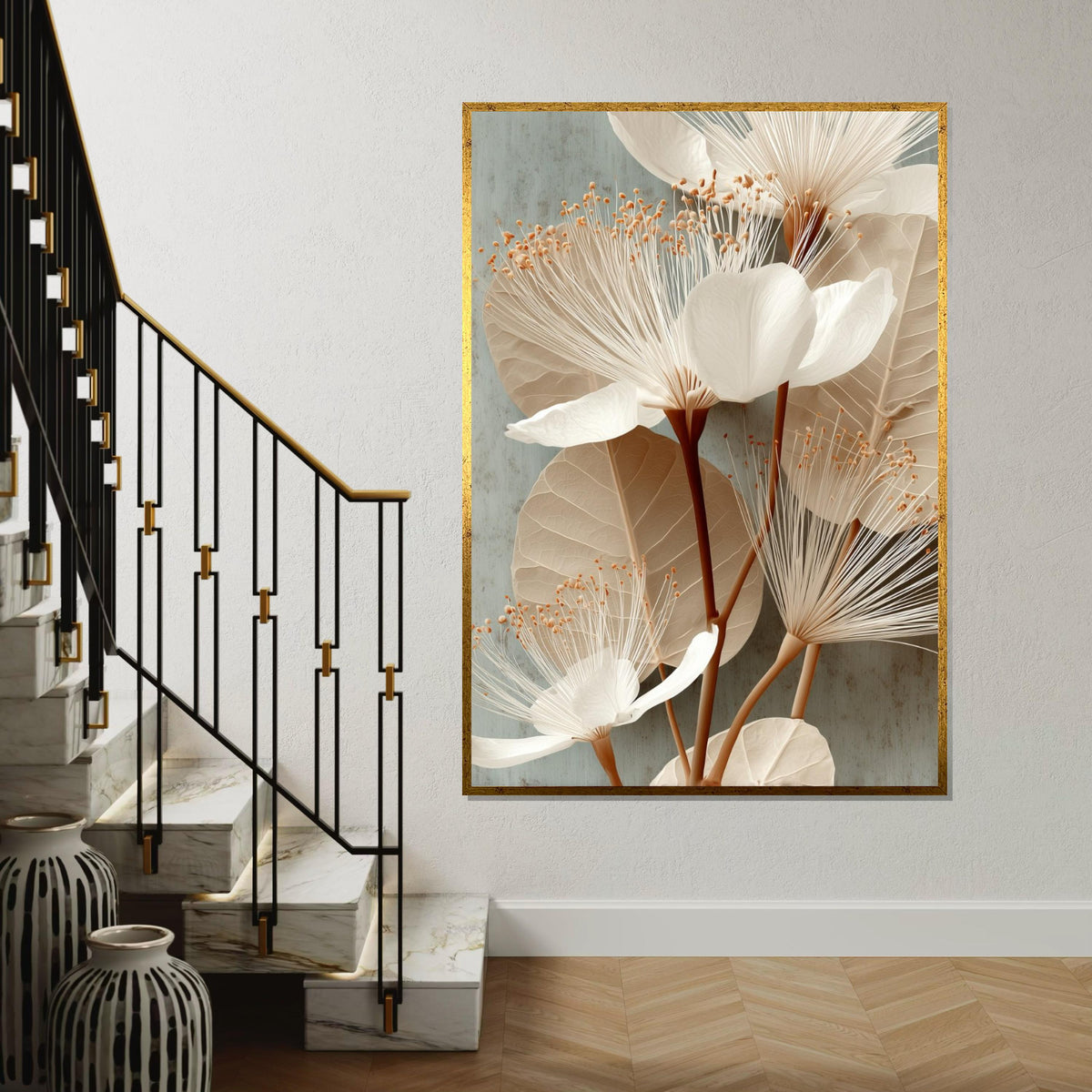 Neutral Botanical Canvas Print - Minimalist Beige White Flower Illustration, Modern Scandi Wall Art for Bedroom Living Room Home Decor
