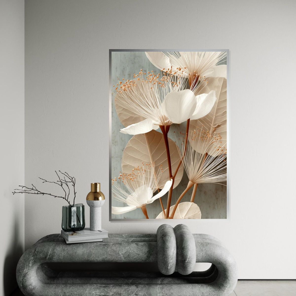 Neutral Botanical Canvas Print - Minimalist Beige White Flower Illustration, Modern Scandi Wall Art for Bedroom Living Room Home Decor