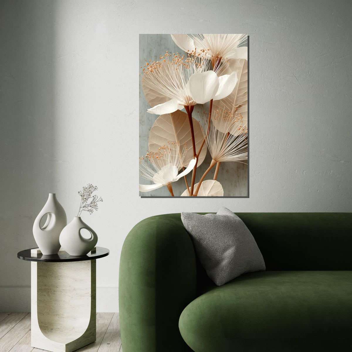 Neutral Botanical Canvas Print - Minimalist Beige White Flower Illustration, Modern Scandi Wall Art for Bedroom Living Room Home Decor