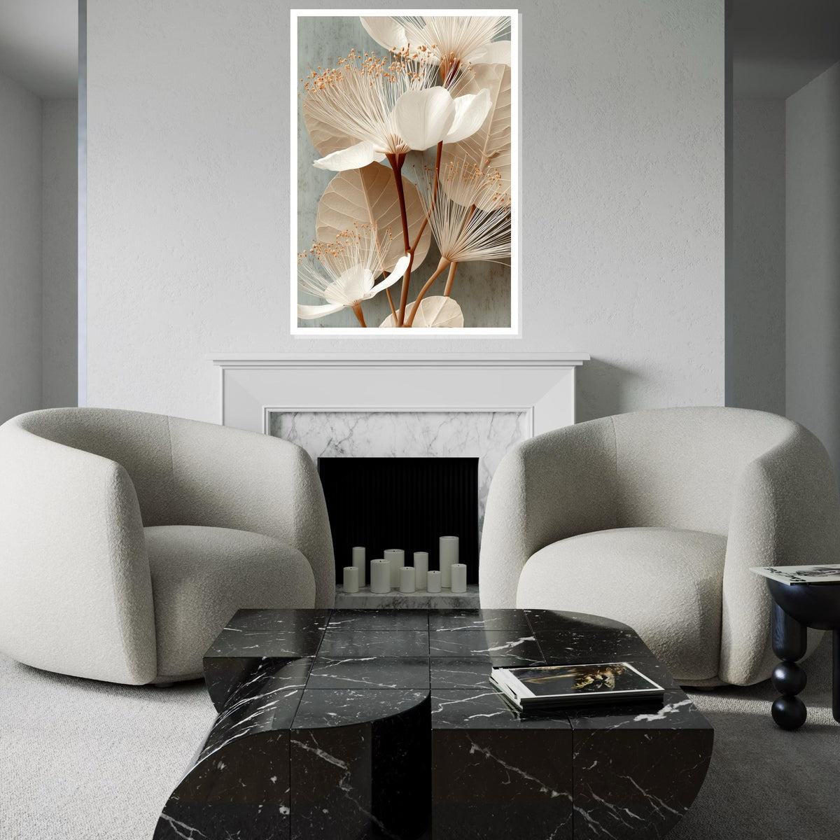Neutral Botanical Canvas Print - Minimalist Beige White Flower Illustration, Modern Scandi Wall Art for Bedroom Living Room Home Decor