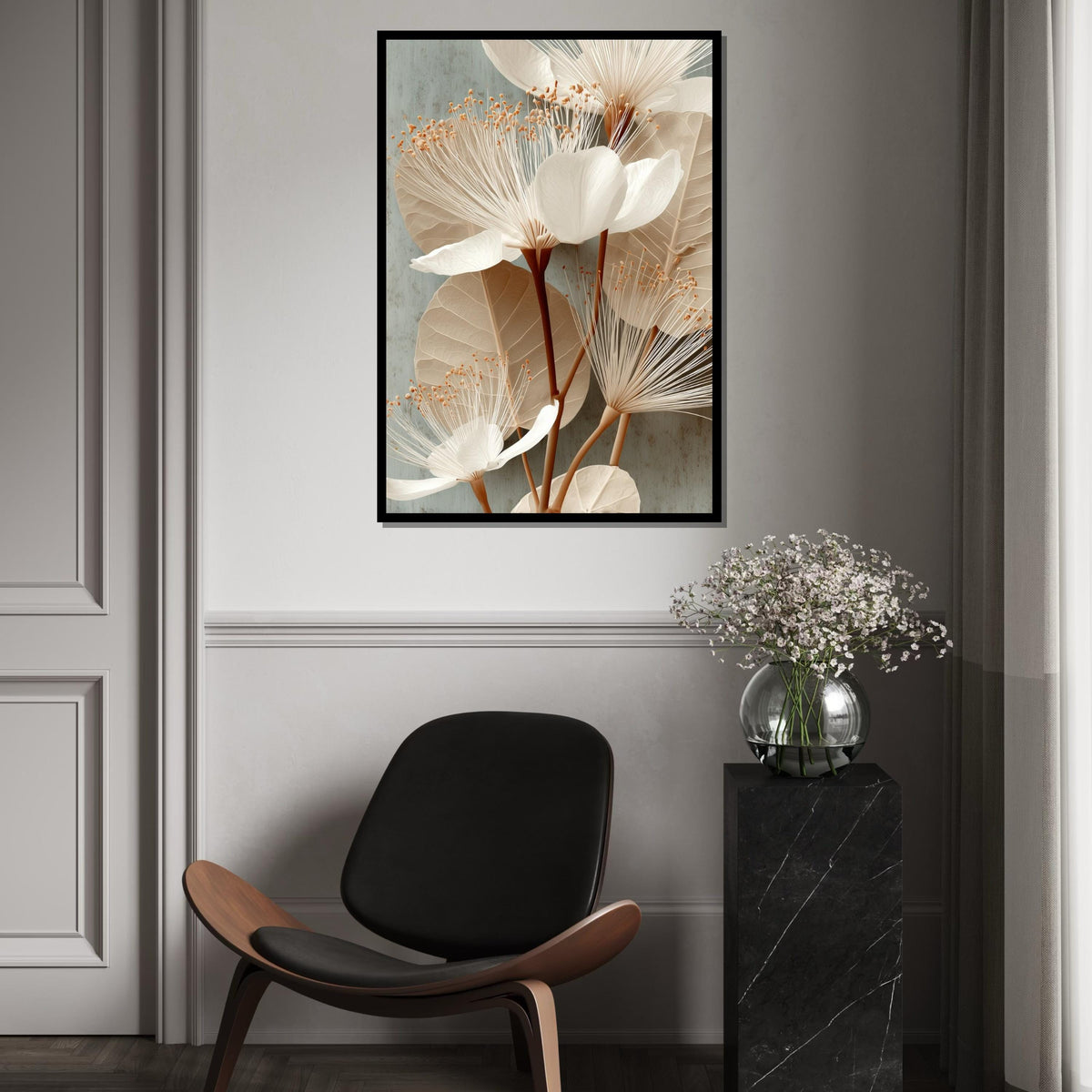 Neutral Botanical Canvas Print - Minimalist Beige White Flower Illustration, Modern Scandi Wall Art for Bedroom Living Room Home Decor