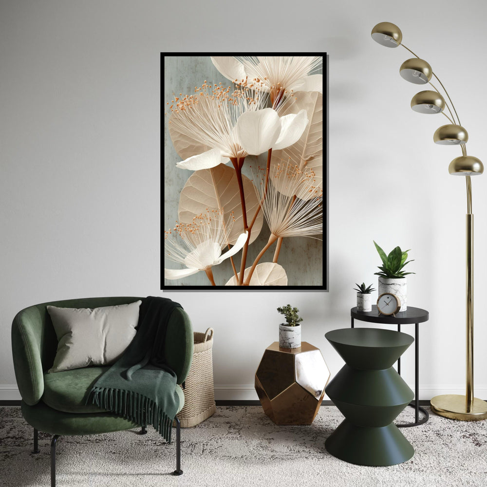 Neutral Botanical Canvas Print - Minimalist Beige White Flower Illustration, Modern Scandi Wall Art for Bedroom Living Room Home Decor