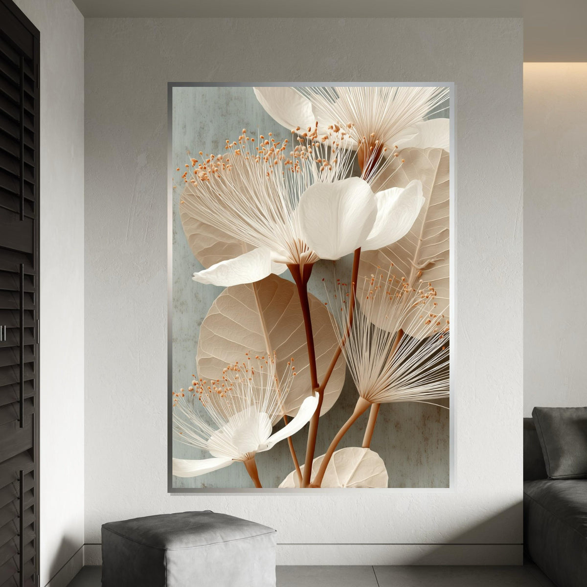 Neutral Botanical Canvas Print - Minimalist Beige White Flower Illustration, Modern Scandi Wall Art for Bedroom Living Room Home Decor