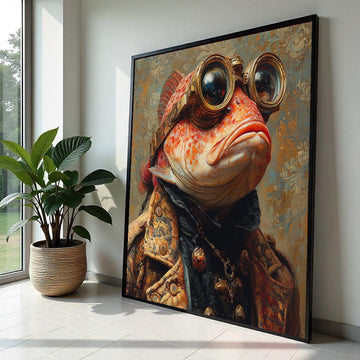 Steampunk Fish Diver Portrait Canvas Print - Surreal Sea Goggles Fantasy Print, Vintage Nautical Wall Art for Bar or Office Decor