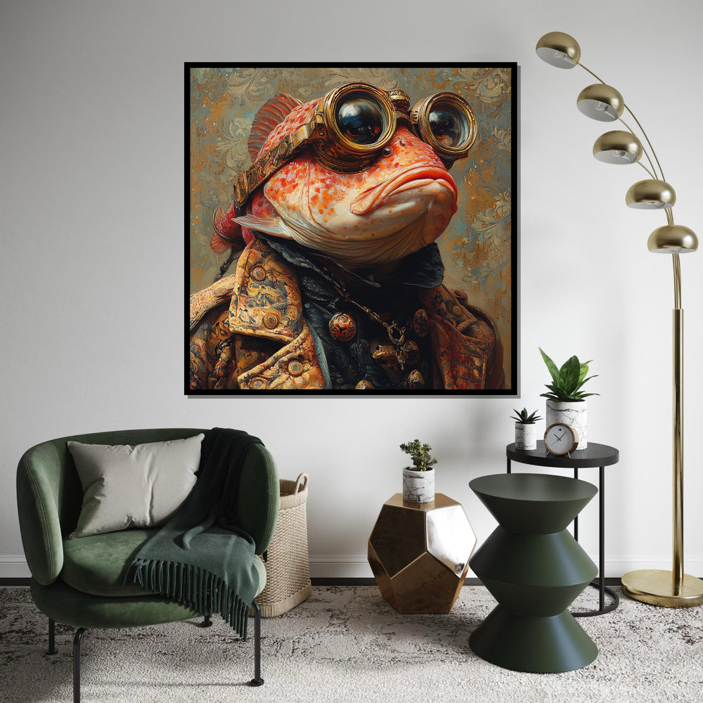 Steampunk Fish Diver Portrait Canvas Print - Surreal Sea Goggles Fantasy Print, Vintage Nautical Wall Art for Bar or Office Decor