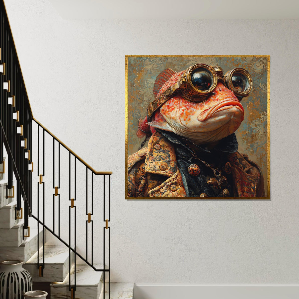 Steampunk Fish Diver Portrait Canvas Print - Surreal Sea Goggles Fantasy Print, Vintage Nautical Wall Art for Bar or Office Decor