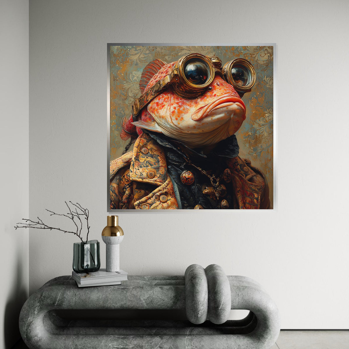 Steampunk Fish Diver Portrait Canvas Print - Surreal Sea Goggles Fantasy Print, Vintage Nautical Wall Art for Bar or Office Decor