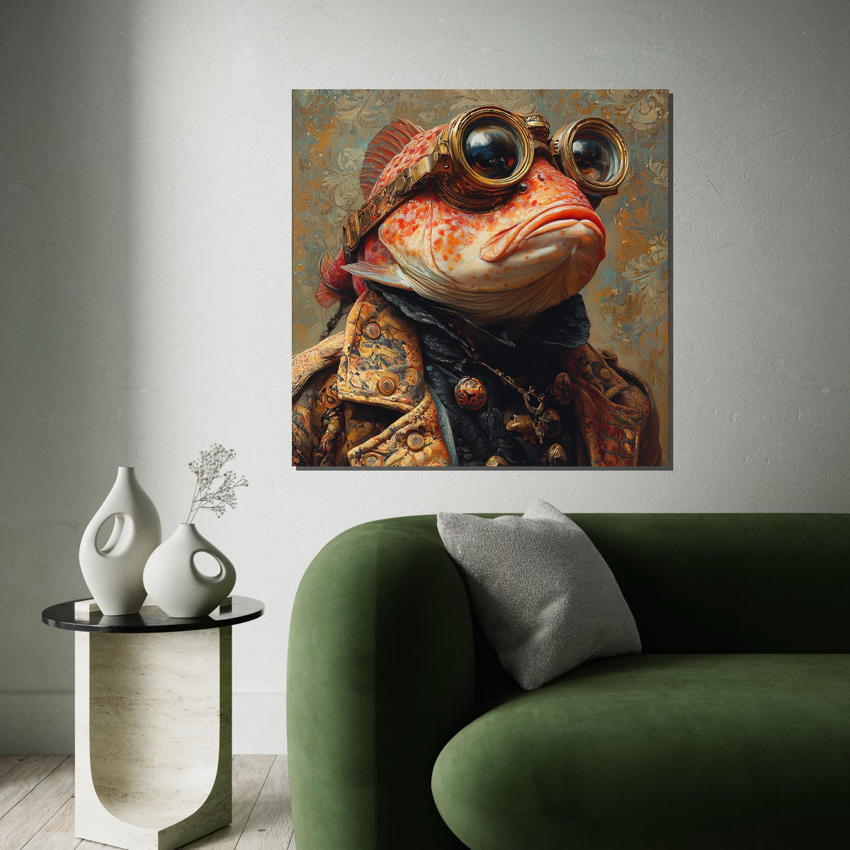 Steampunk Fish Diver Portrait Canvas Print - Surreal Sea Goggles Fantasy Print, Vintage Nautical Wall Art for Bar or Office Decor
