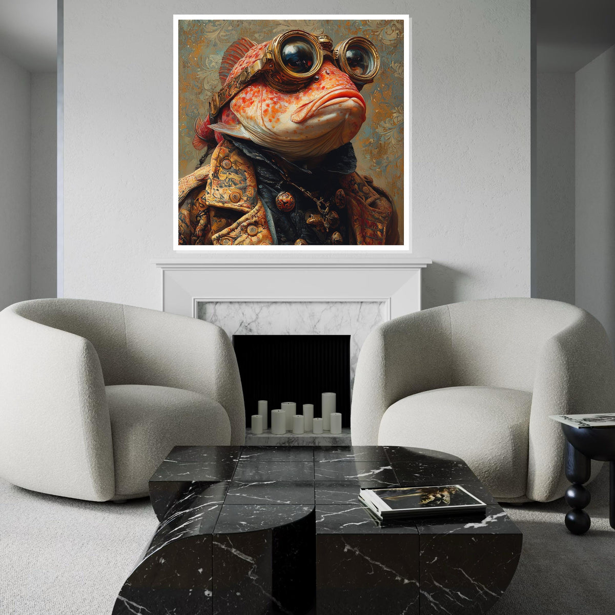 Steampunk Fish Diver Portrait Canvas Print - Surreal Sea Goggles Fantasy Print, Vintage Nautical Wall Art for Bar or Office Decor