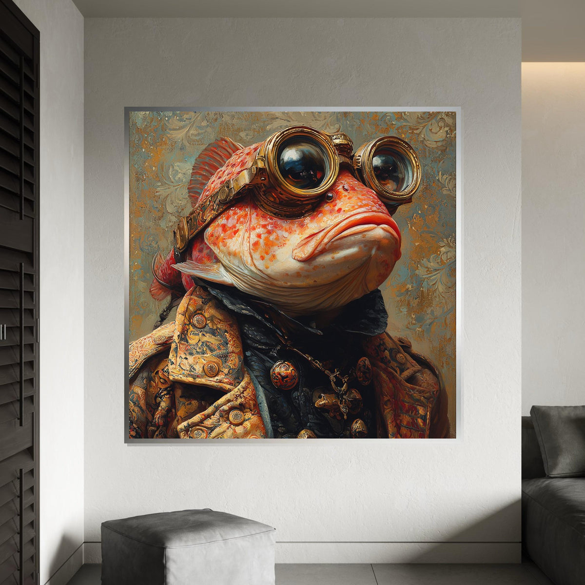 Steampunk Fish Diver Portrait Canvas Print - Surreal Sea Goggles Fantasy Print, Vintage Nautical Wall Art for Bar or Office Decor