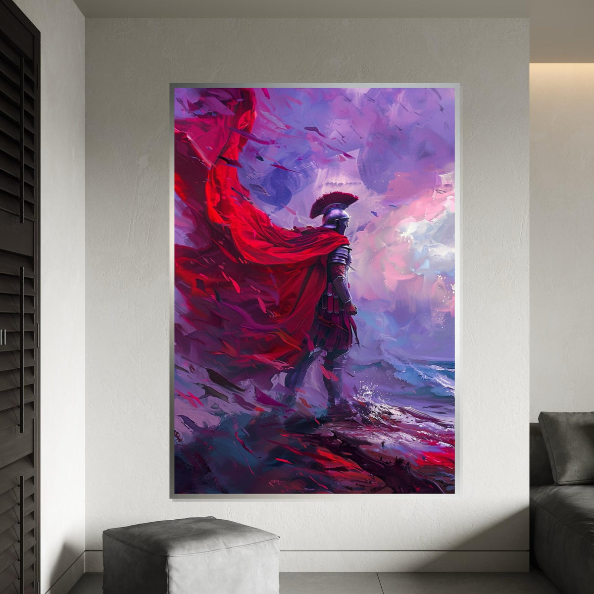 Roman Warrior Canvas, Red Cape Wall Art, Fantasy Soldier Art Print, Epic Battle Scene, Wall Art Canvas Design, Ready To Hang Decoration