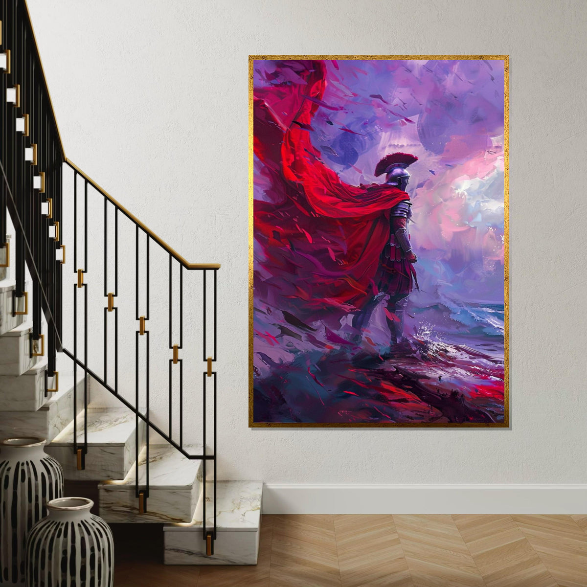 Roman Warrior Canvas, Red Cape Wall Art, Fantasy Soldier Art Print, Epic Battle Scene, Wall Art Canvas Design, Ready To Hang Decoration