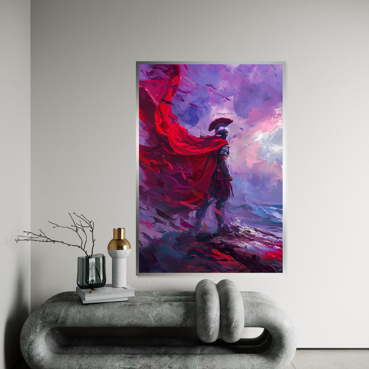 Roman Warrior Canvas, Red Cape Wall Art, Fantasy Soldier Art Print, Epic Battle Scene, Wall Art Canvas Design, Ready To Hang Decoration