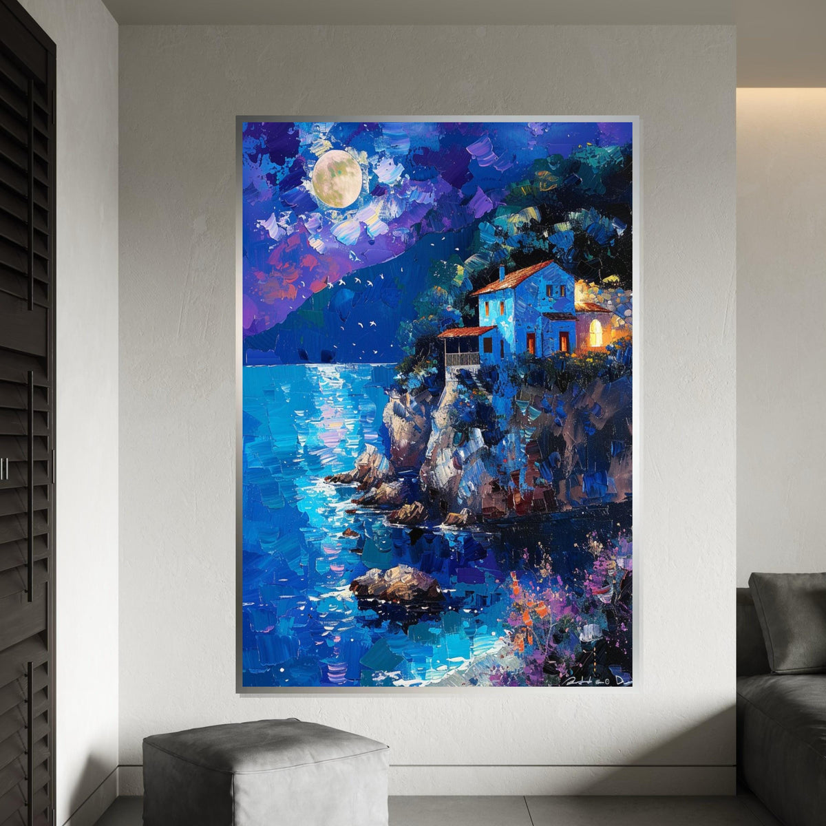 Moonlit Coastal House, Night Ocean View Canvas, Landscape Wall Art, Dreamy Night Scene Print, Wall Art Canvas Design, Ready to Hang