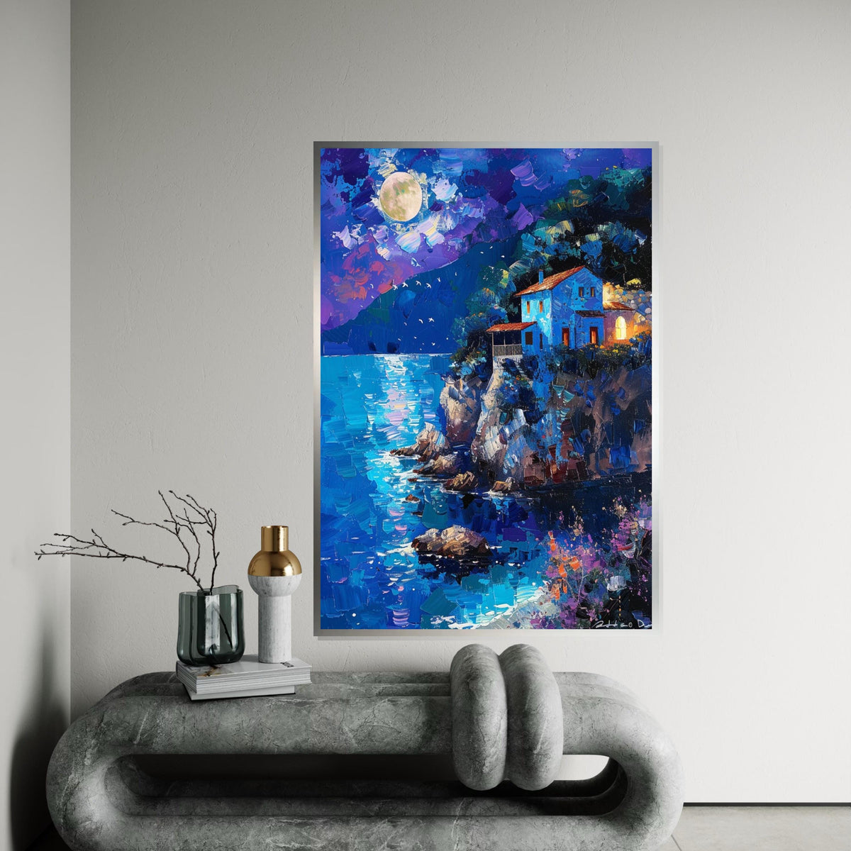 Moonlit Coastal House, Night Ocean View Canvas, Landscape Wall Art, Dreamy Night Scene Print, Wall Art Canvas Design, Ready to Hang