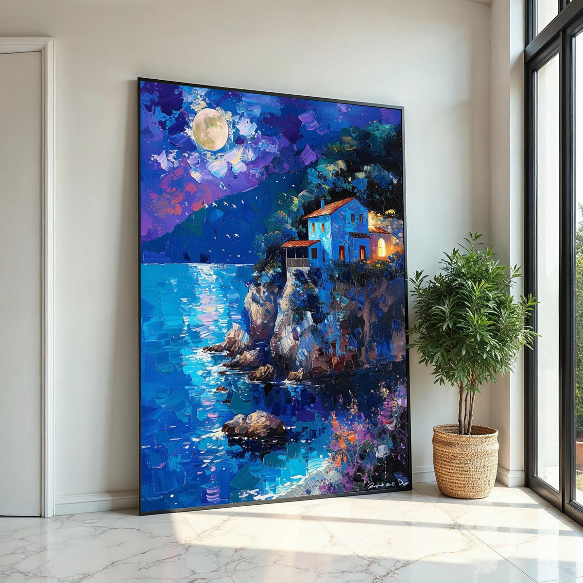 Moonlit Coastal House, Night Ocean View Canvas, Landscape Wall Art, Dreamy Night Scene Print, Wall Art Canvas Design, Ready to Hang