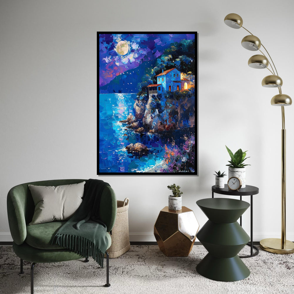 Moonlit Coastal House, Night Ocean View Canvas, Landscape Wall Art, Dreamy Night Scene Print, Wall Art Canvas Design, Ready to Hang