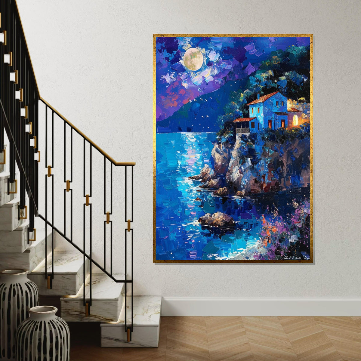 Moonlit Coastal House, Night Ocean View Canvas, Landscape Wall Art, Dreamy Night Scene Print, Wall Art Canvas Design, Ready to Hang