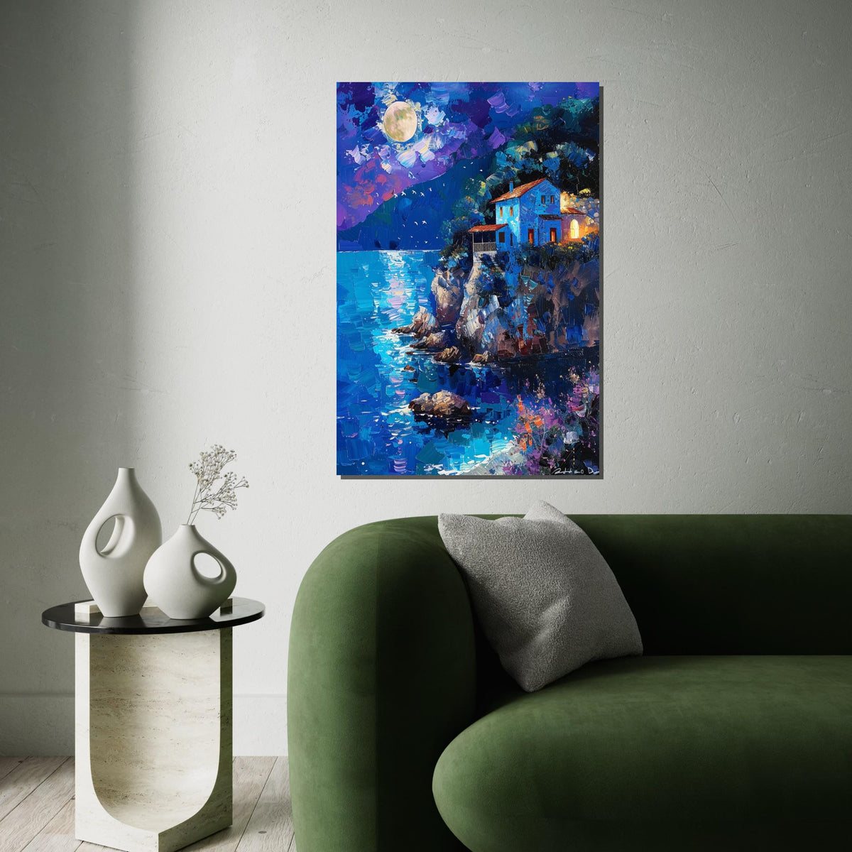 Moonlit Coastal House, Night Ocean View Canvas, Landscape Wall Art, Dreamy Night Scene Print, Wall Art Canvas Design, Ready to Hang