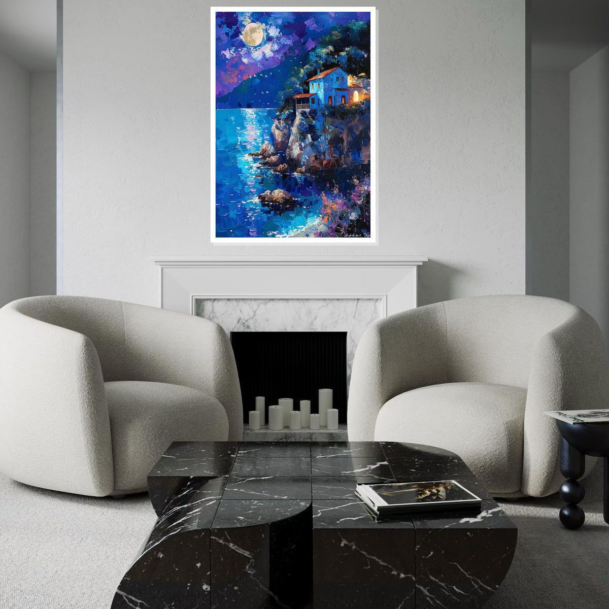 Moonlit Coastal House, Night Ocean View Canvas, Landscape Wall Art, Dreamy Night Scene Print, Wall Art Canvas Design, Ready to Hang