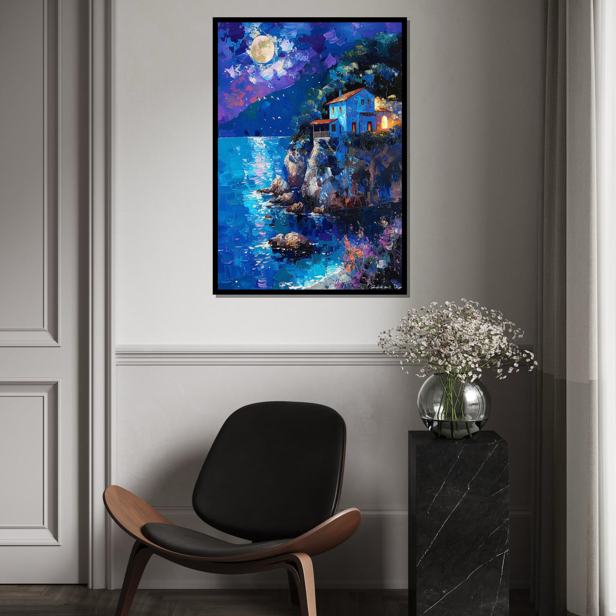 Moonlit Coastal House, Night Ocean View Canvas, Landscape Wall Art, Dreamy Night Scene Print, Wall Art Canvas Design, Ready to Hang