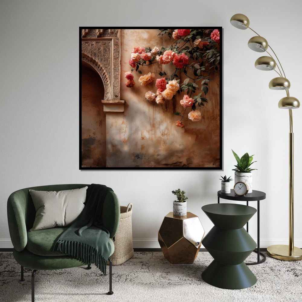 Moroccan Palace Arch & Roses Canvas Print – Warm Terracotta Floral Oil-Painting Style Wall Art Print for Living Room,Bedroom, Entryway Decor