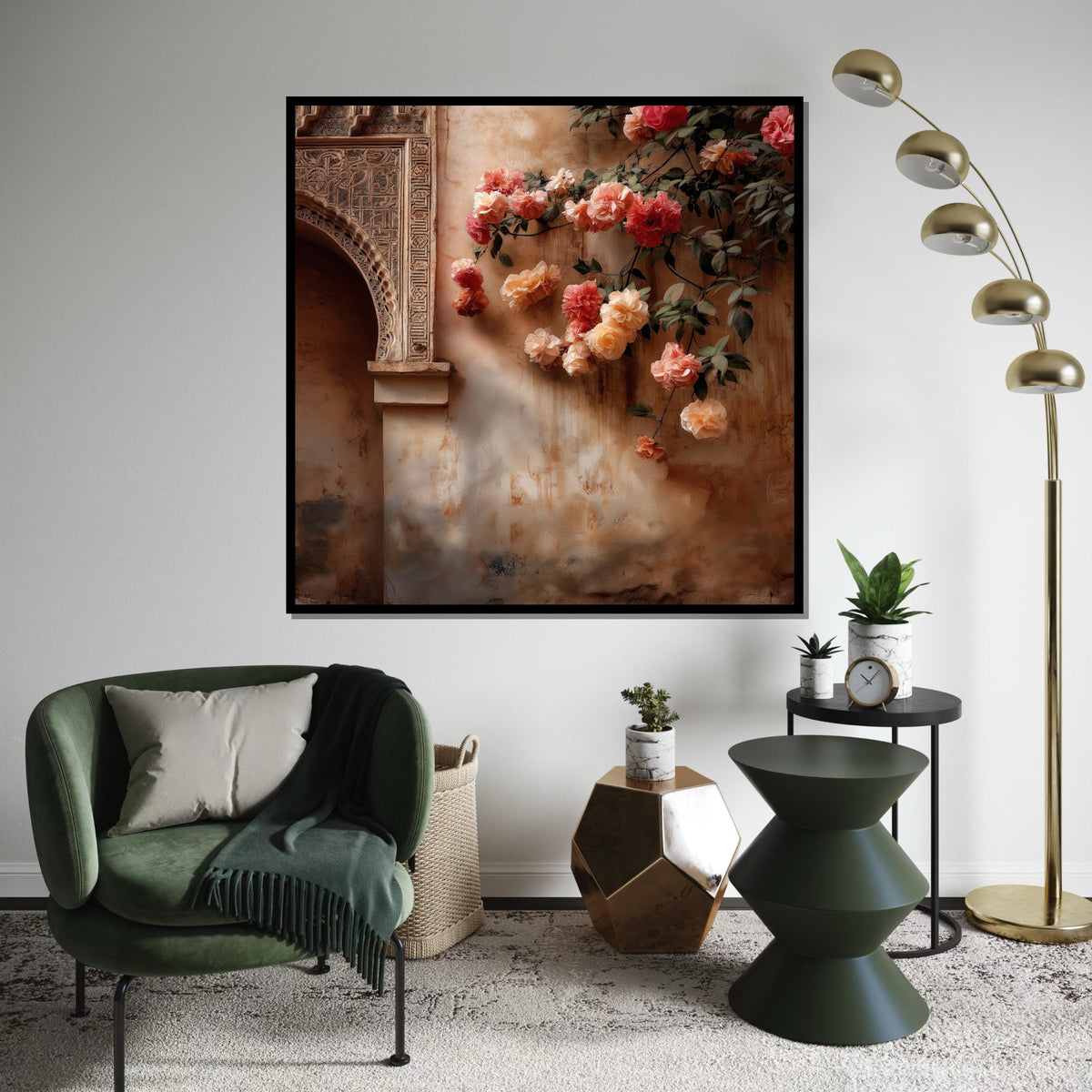 Moroccan Palace Arch & Roses Canvas Print – Warm Terracotta Floral Oil-Painting Style Wall Art Print for Living Room,Bedroom, Entryway Decor