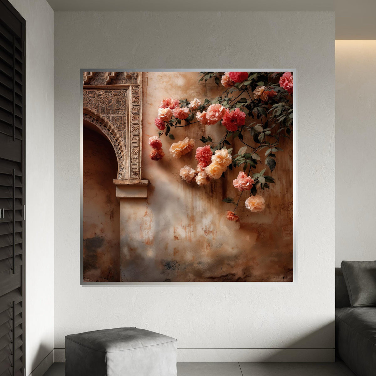 Moroccan Palace Arch & Roses Canvas Print – Warm Terracotta Floral Oil-Painting Style Wall Art Print for Living Room,Bedroom, Entryway Decor