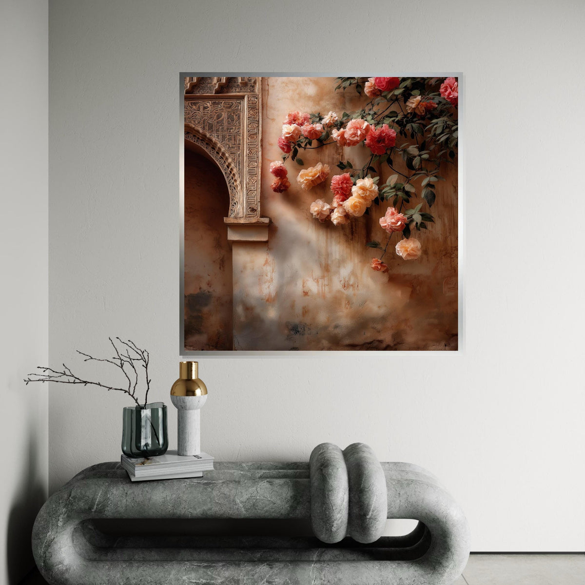Moroccan Palace Arch & Roses Canvas Print – Warm Terracotta Floral Oil-Painting Style Wall Art Print for Living Room,Bedroom, Entryway Decor