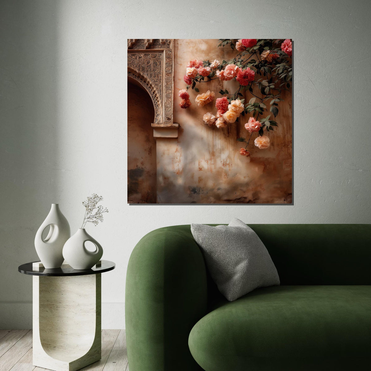 Moroccan Palace Arch & Roses Canvas Print – Warm Terracotta Floral Oil-Painting Style Wall Art Print for Living Room,Bedroom, Entryway Decor