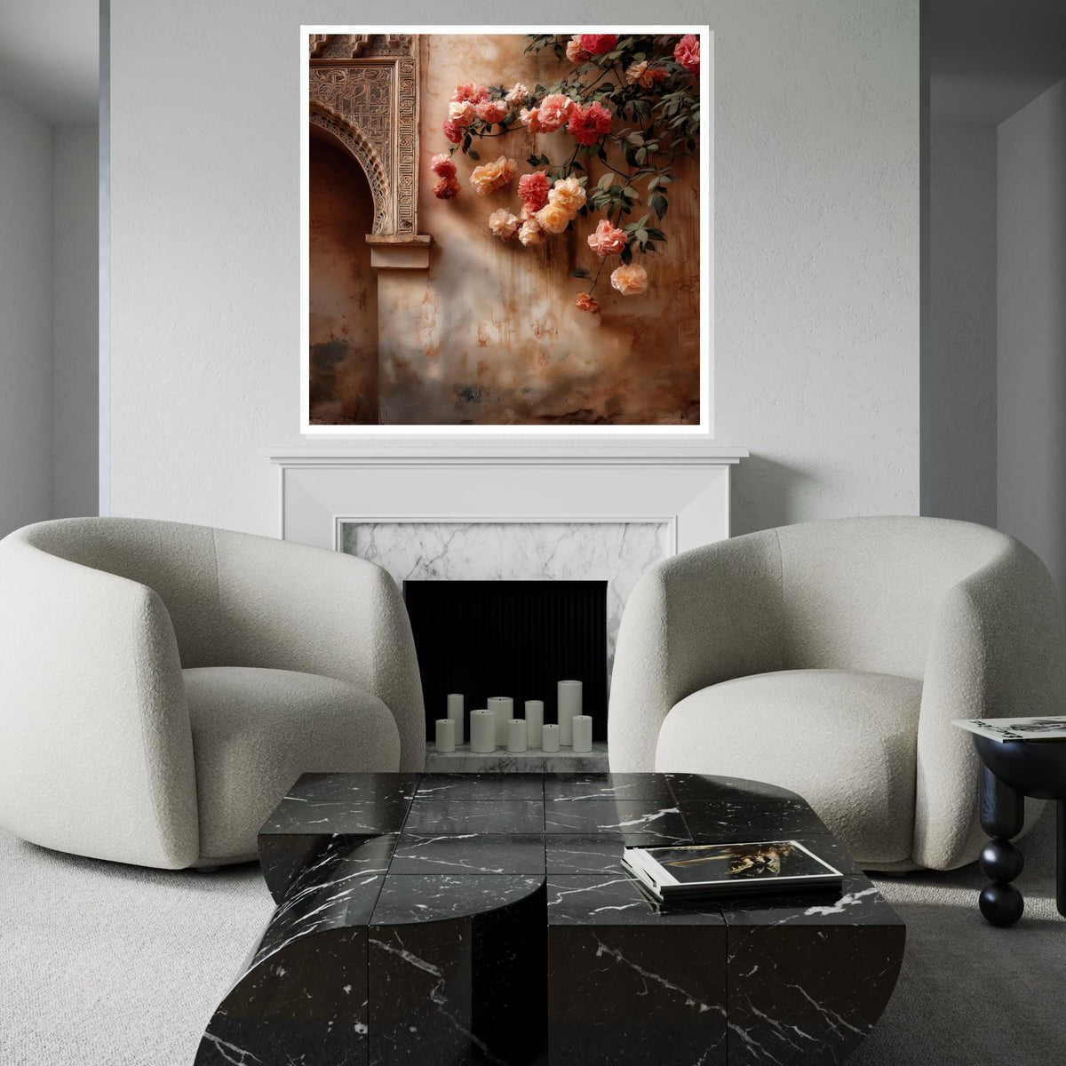 Moroccan Palace Arch & Roses Canvas Print – Warm Terracotta Floral Oil-Painting Style Wall Art Print for Living Room,Bedroom, Entryway Decor