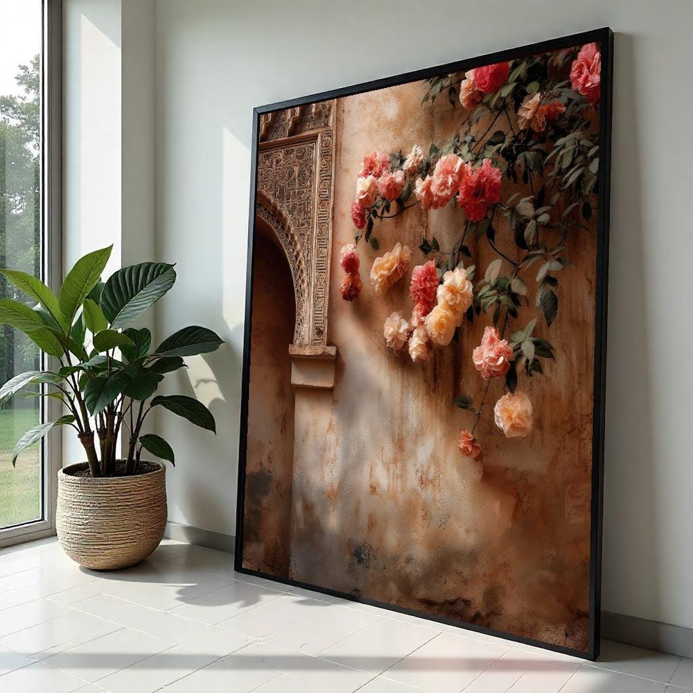 Moroccan Palace Arch & Roses Canvas Print – Warm Terracotta Floral Oil-Painting Style Wall Art Print for Living Room,Bedroom, Entryway Decor