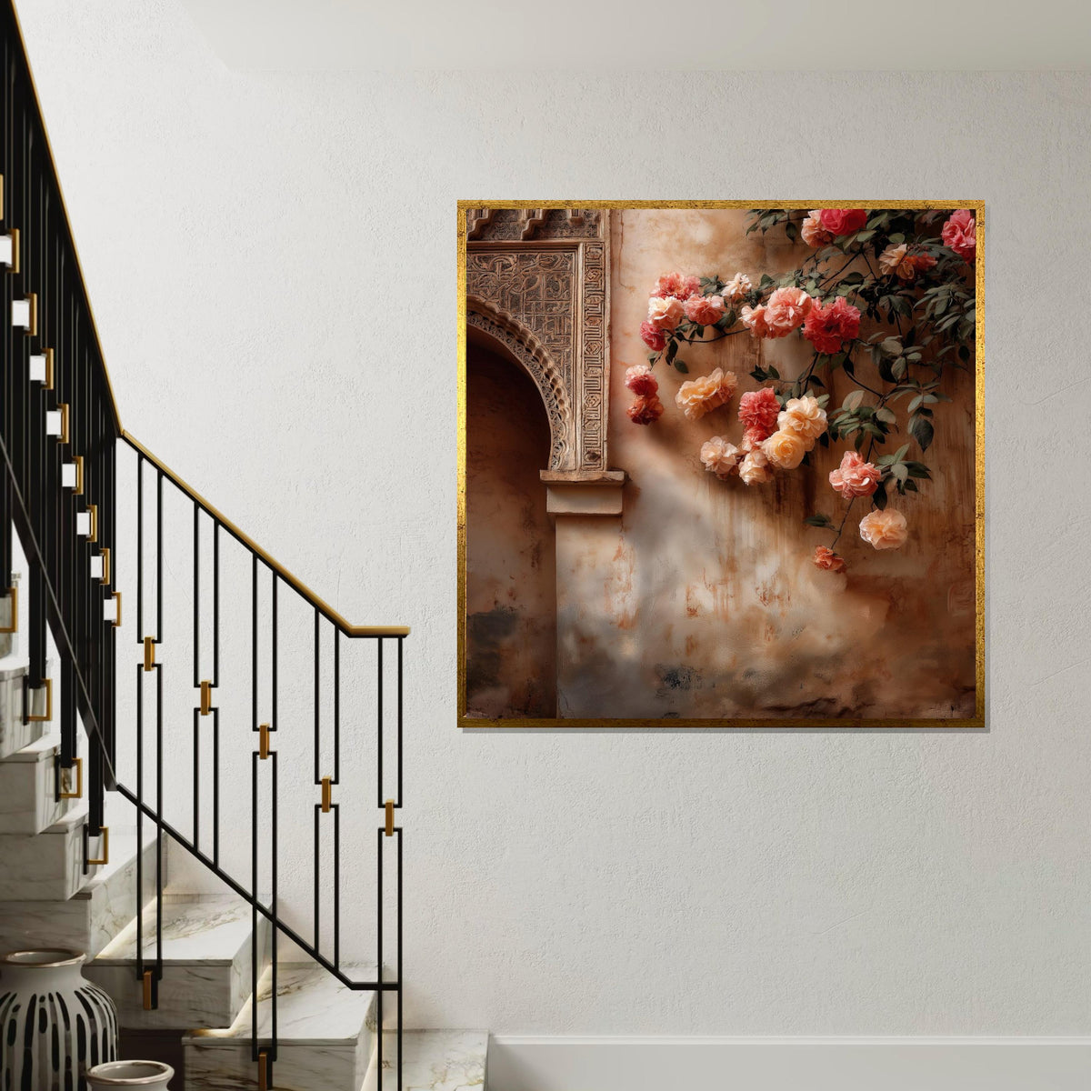 Moroccan Palace Arch & Roses Canvas Print – Warm Terracotta Floral Oil-Painting Style Wall Art Print for Living Room,Bedroom, Entryway Decor