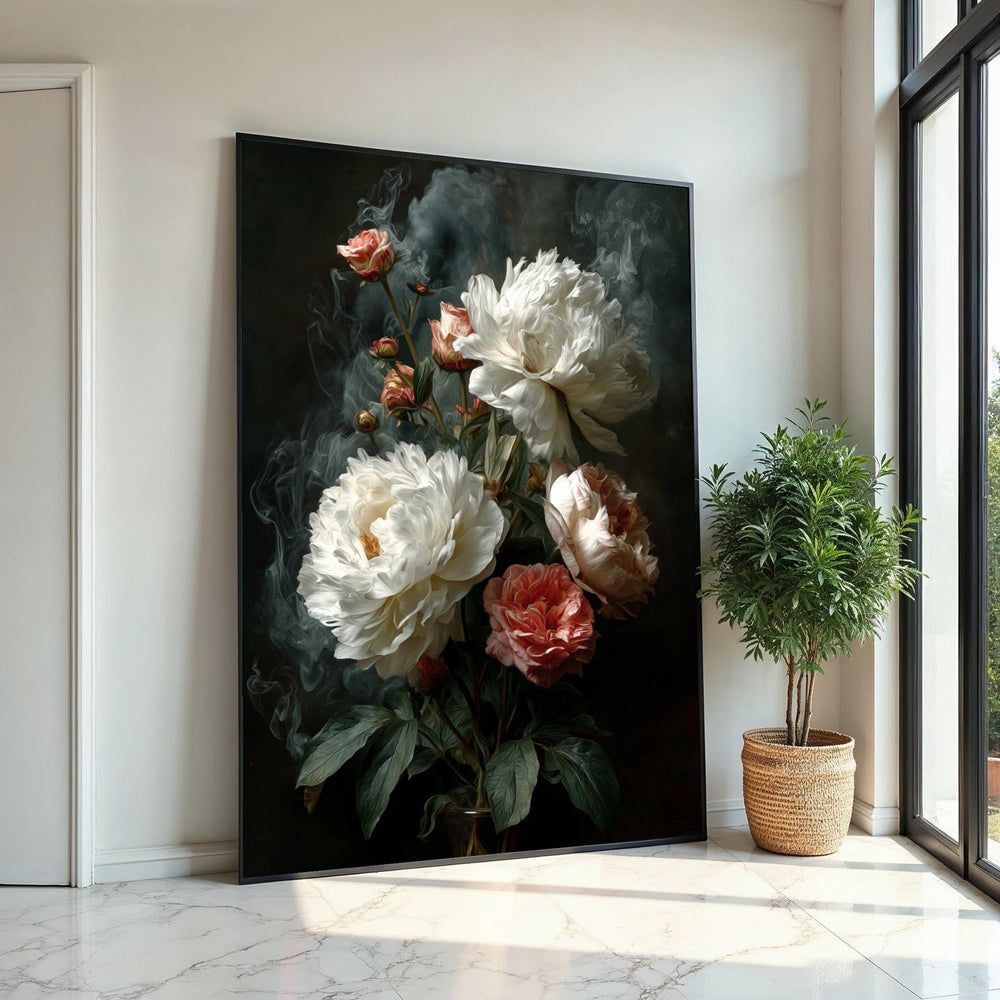 Moody Peonies Canvas Print – Dark Old-Master Oil Painting Style White & Blush Floral Still Life Wall Art for Bedroom Living Room Decor