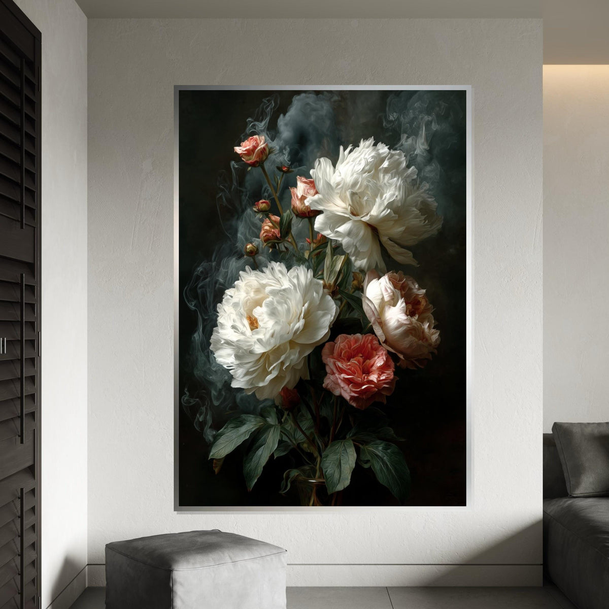 Moody Peonies Canvas Print – Dark Old-Master Oil Painting Style White & Blush Floral Still Life Wall Art for Bedroom Living Room Decor