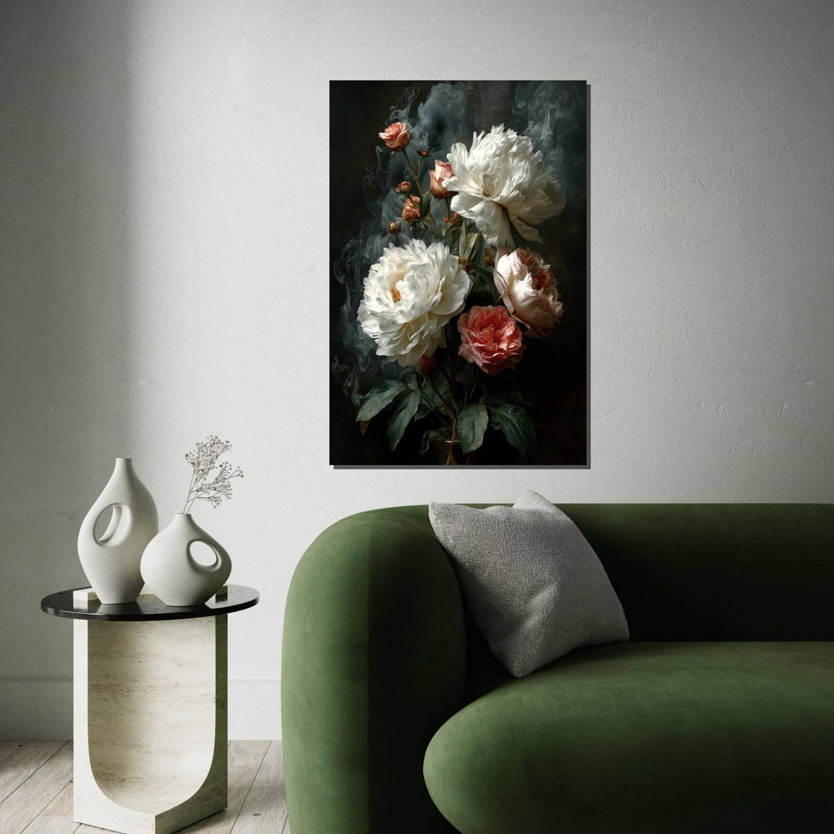 Moody Peonies Canvas Print – Dark Old-Master Oil Painting Style White & Blush Floral Still Life Wall Art for Bedroom Living Room Decor