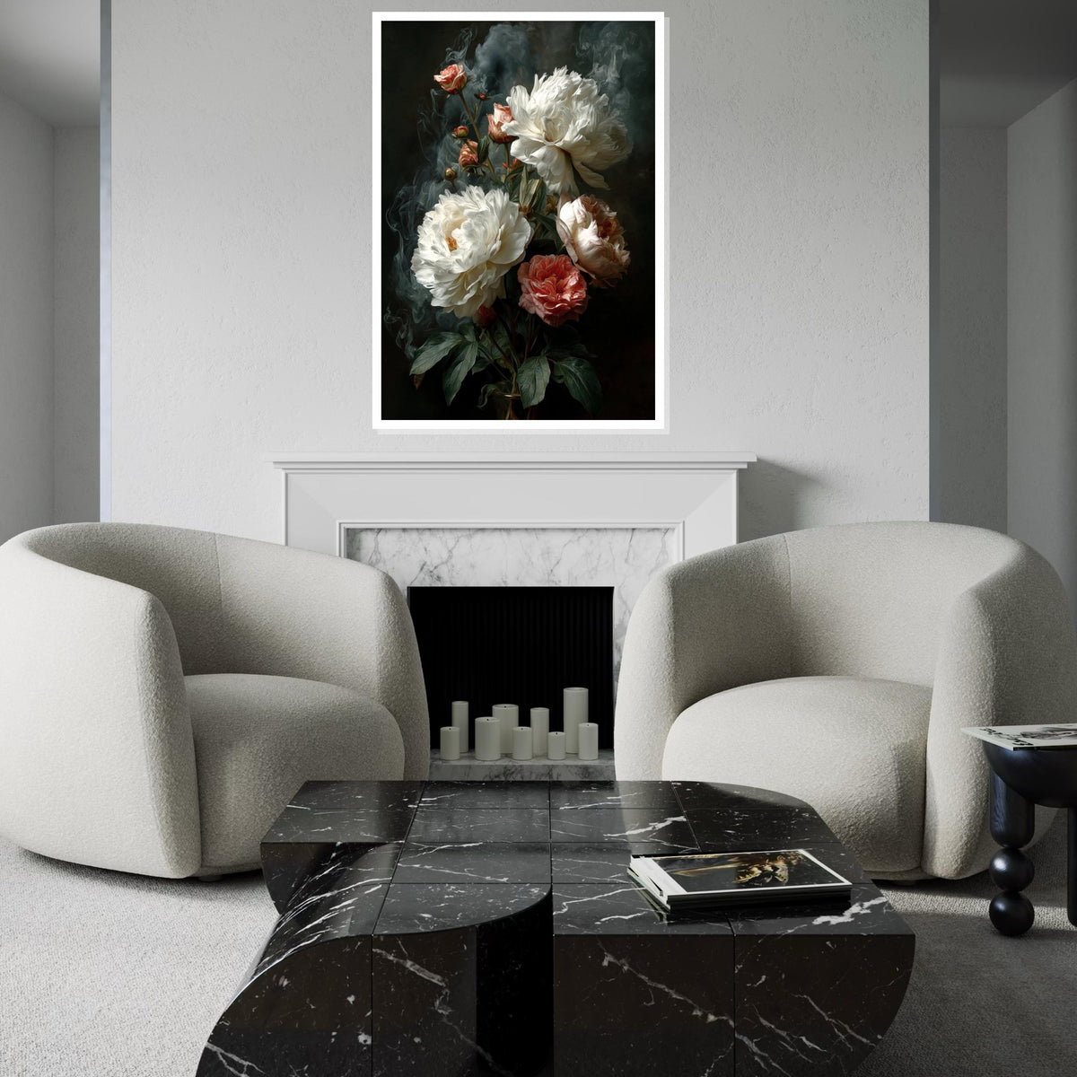 Moody Peonies Canvas Print – Dark Old-Master Oil Painting Style White & Blush Floral Still Life Wall Art for Bedroom Living Room Decor