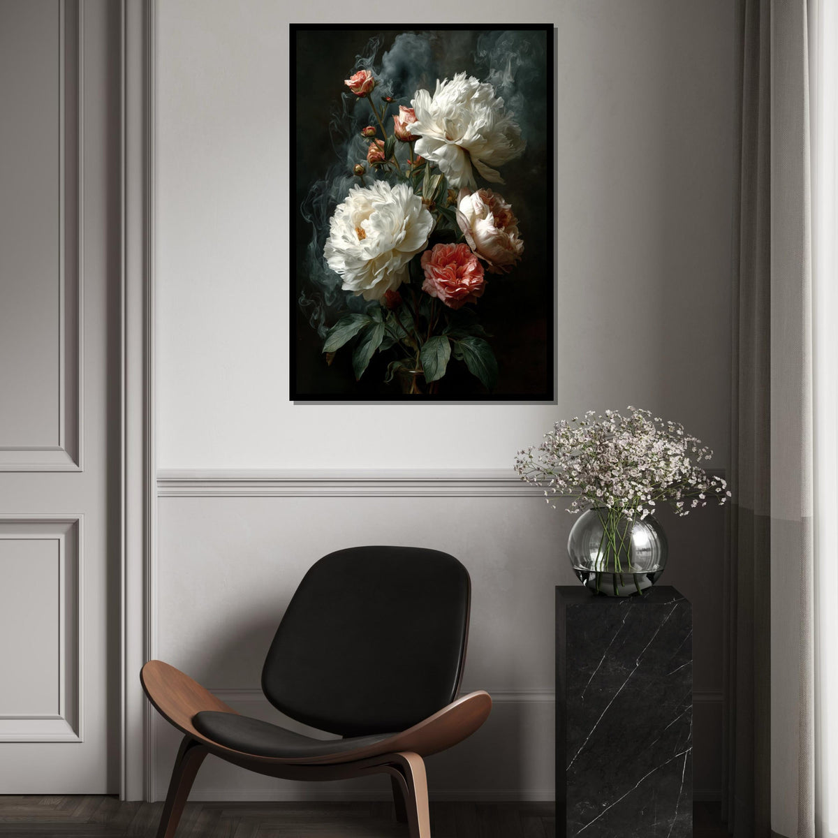 Moody Peonies Canvas Print – Dark Old-Master Oil Painting Style White & Blush Floral Still Life Wall Art for Bedroom Living Room Decor
