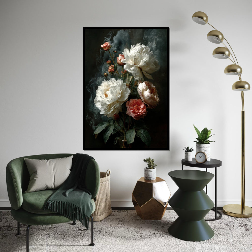 Moody Peonies Canvas Print – Dark Old-Master Oil Painting Style White & Blush Floral Still Life Wall Art for Bedroom Living Room Decor