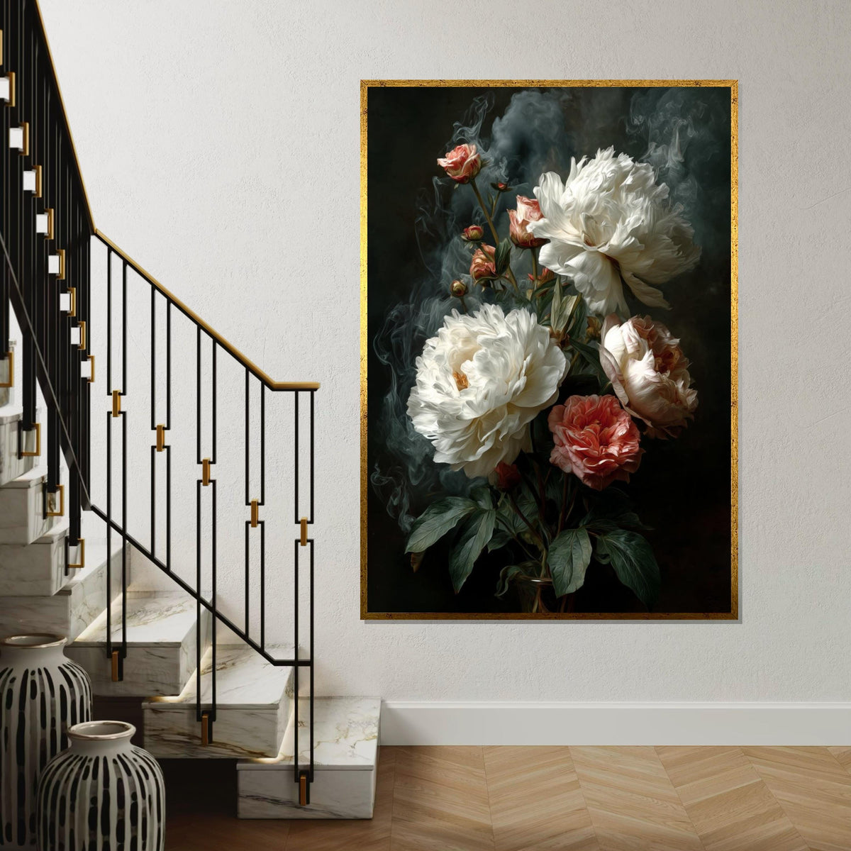Moody Peonies Canvas Print – Dark Old-Master Oil Painting Style White & Blush Floral Still Life Wall Art for Bedroom Living Room Decor