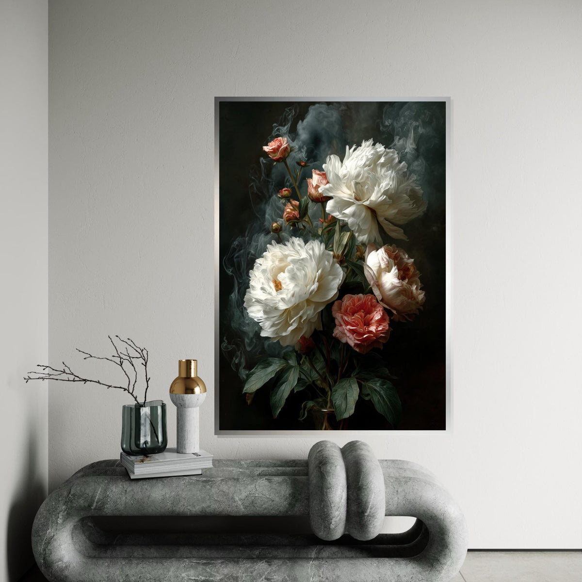 Moody Peonies Canvas Print – Dark Old-Master Oil Painting Style White & Blush Floral Still Life Wall Art for Bedroom Living Room Decor