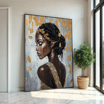 Golden Leaf Goddess Canvas Print – Afrocentric Oil-Painting Style Portrait of Elegant Black Woman, Luxury Glam Wall Art Decor