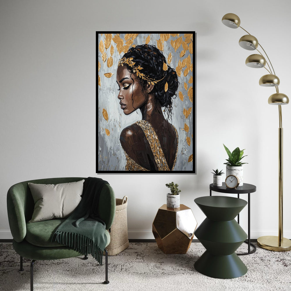Golden Leaf Goddess Canvas Print – Afrocentric Oil-Painting Style Portrait of Elegant Black Woman, Luxury Glam Wall Art Decor