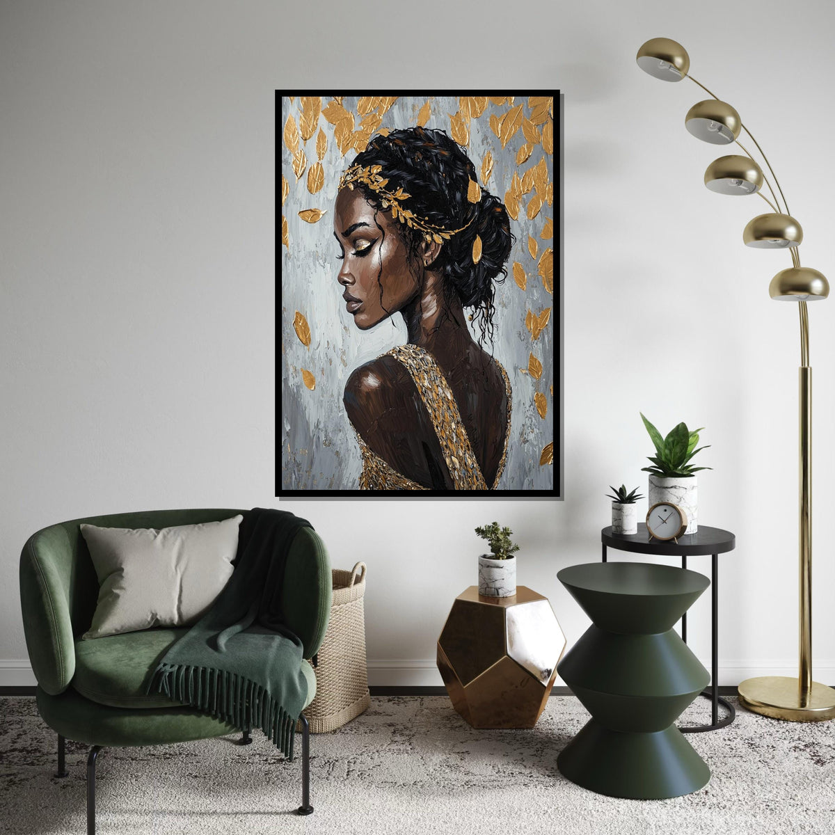 Golden Leaf Goddess Canvas Print – Afrocentric Oil-Painting Style Portrait of Elegant Black Woman, Luxury Glam Wall Art Decor