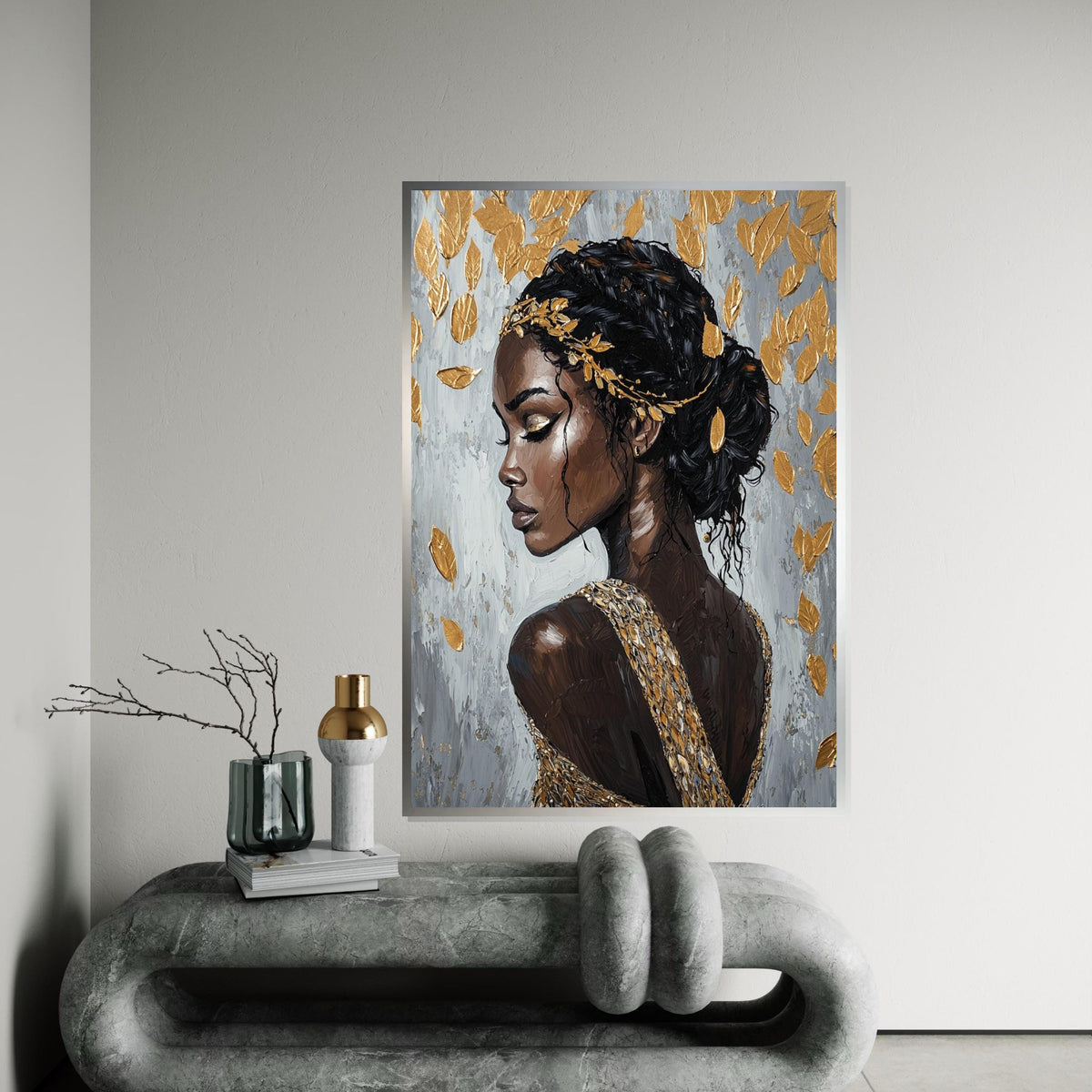 Golden Leaf Goddess Canvas Print – Afrocentric Oil-Painting Style Portrait of Elegant Black Woman, Luxury Glam Wall Art Decor