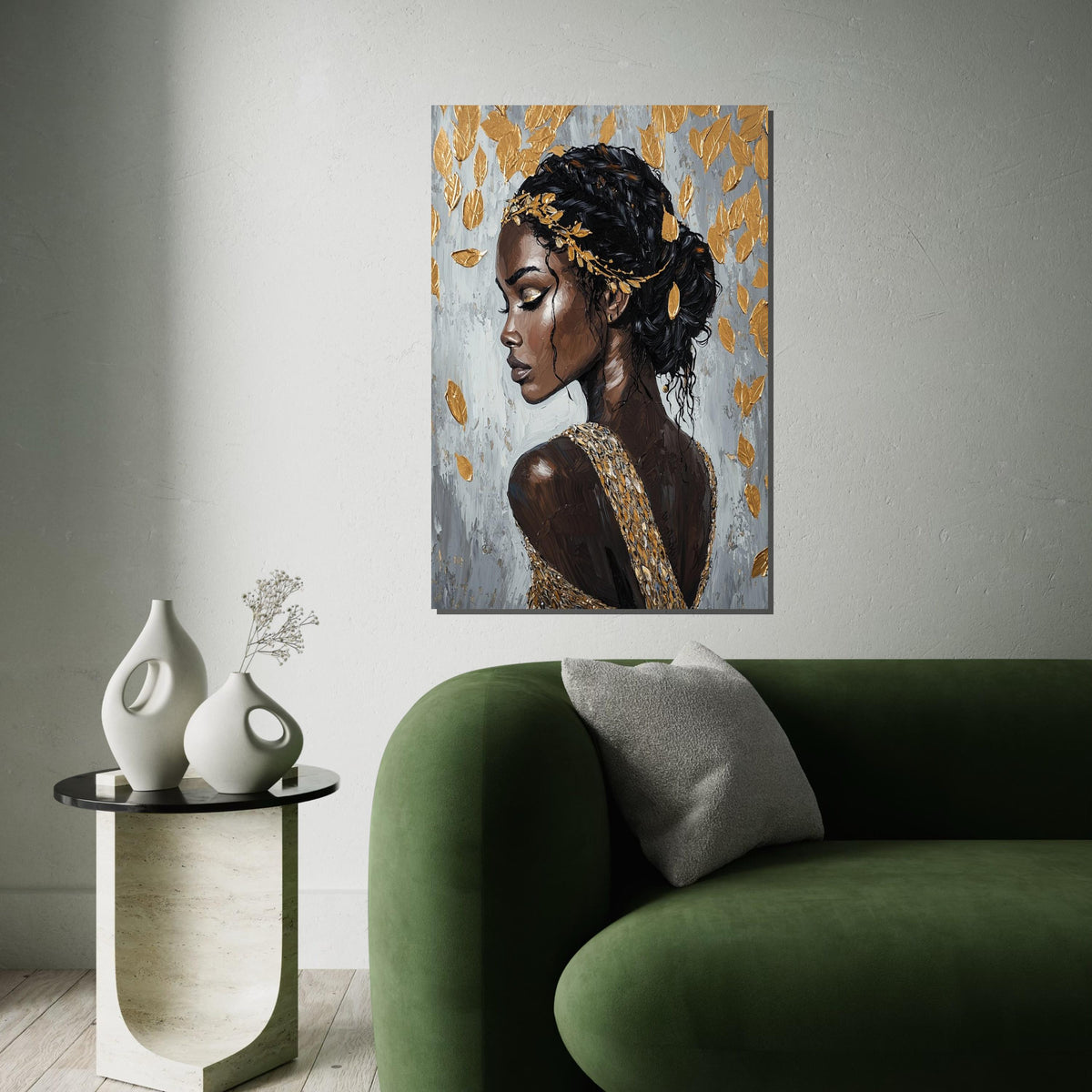 Golden Leaf Goddess Canvas Print – Afrocentric Oil-Painting Style Portrait of Elegant Black Woman, Luxury Glam Wall Art Decor
