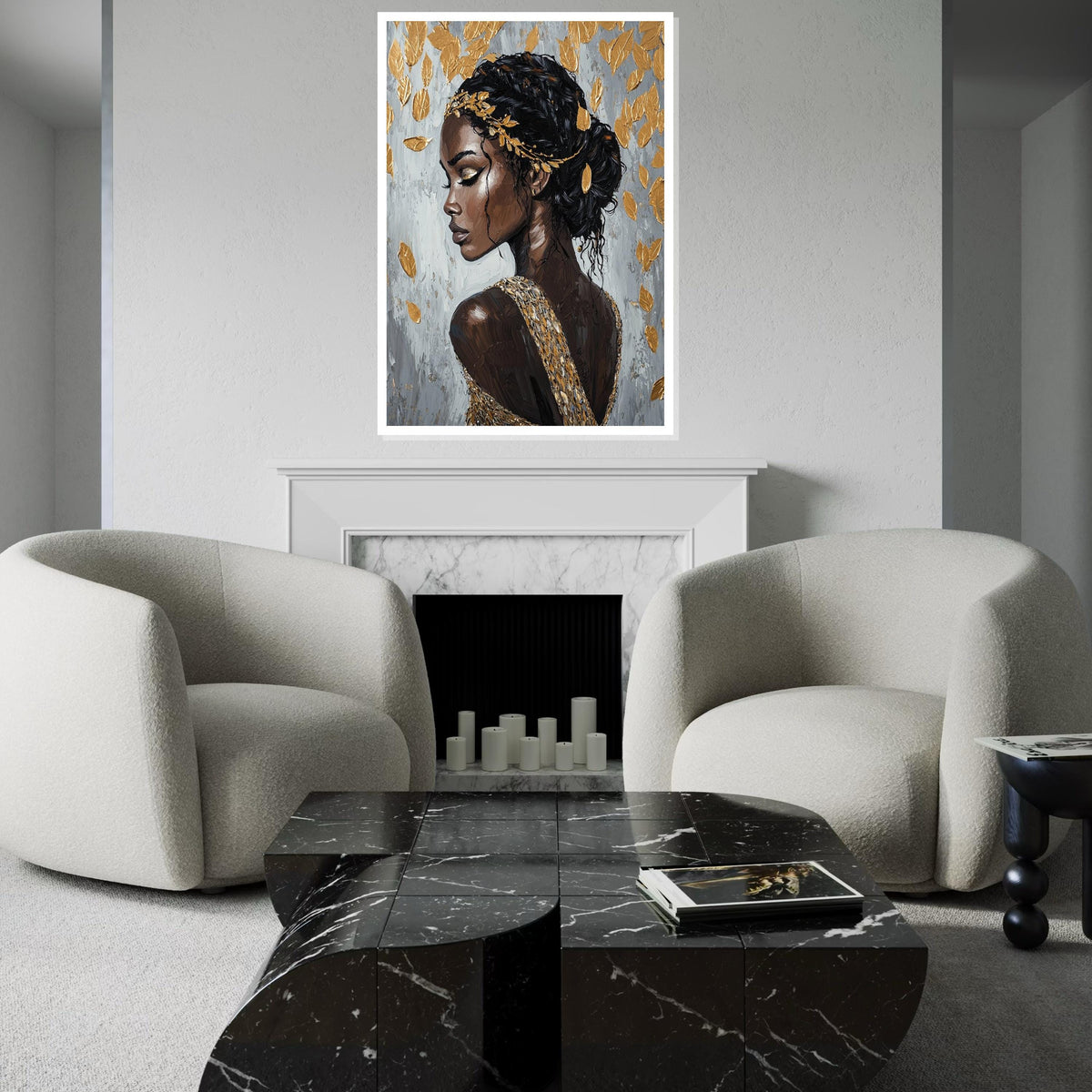 Golden Leaf Goddess Canvas Print – Afrocentric Oil-Painting Style Portrait of Elegant Black Woman, Luxury Glam Wall Art Decor