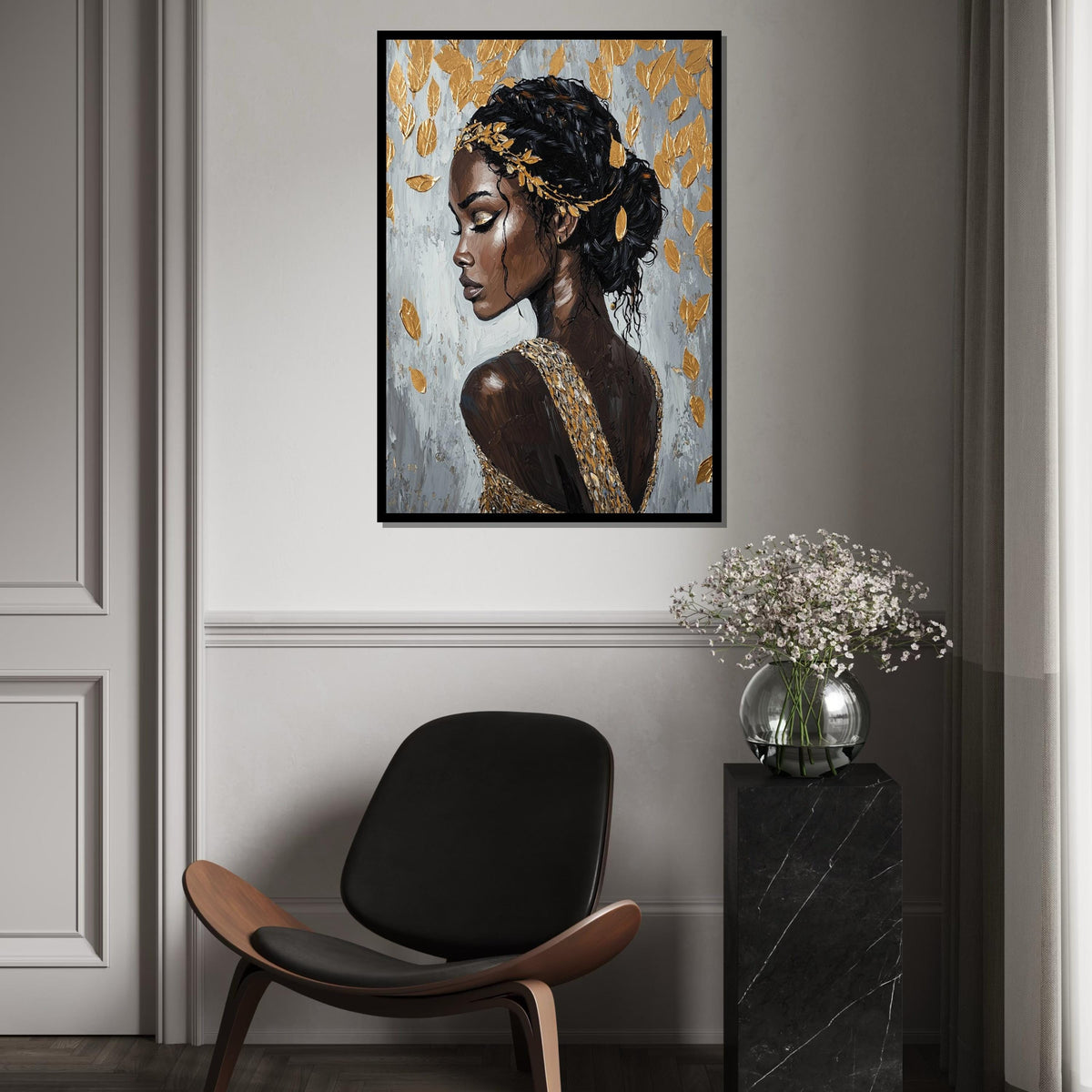 Golden Leaf Goddess Canvas Print – Afrocentric Oil-Painting Style Portrait of Elegant Black Woman, Luxury Glam Wall Art Decor